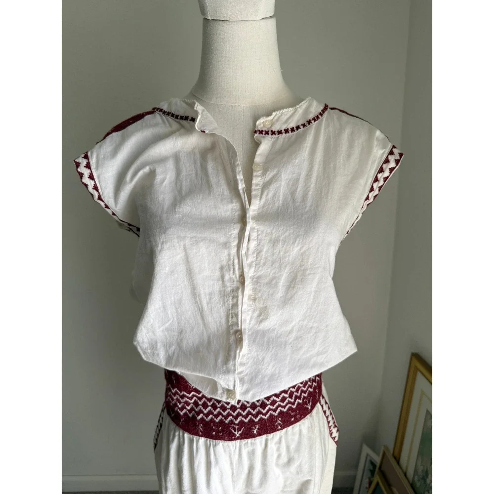 Flannel Austrailia Burgundy Cream Embroidered Cotton Jumpsuit Boho Chic Small - Picture 2 of 15